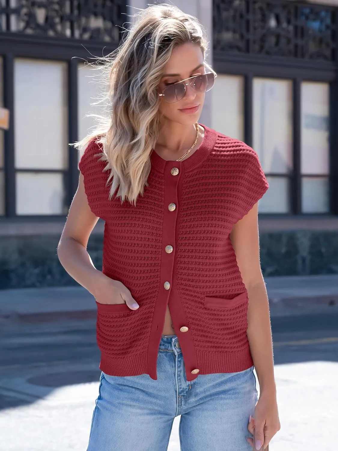 ANRABESS Women Sweater Vests Sleeveless Cardigan Casual Loose Knit Button Down Sweater Tops 2025 Spring Summer Trendy Outfits