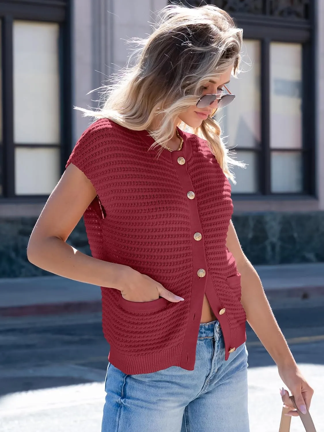 ANRABESS Women Sweater Vests Sleeveless Cardigan Casual Loose Knit Button Down Sweater Tops 2025 Spring Summer Trendy Outfits