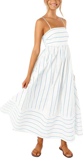chouyatou Women's Striped Back Smocked Maxi Dress Sexy Spaghetti Strap Cut Out Flowy Swing Long Dress