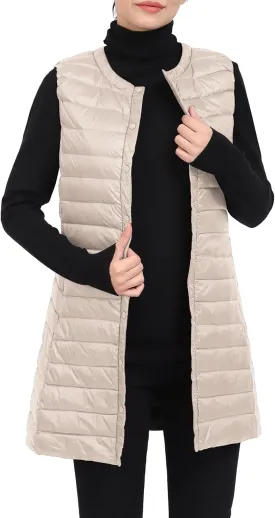 ELFJOY Long Puffer Vest Lightweight Womens Vests Outerwear Button Round Neck Sleeveless Long Down Vest No Collar