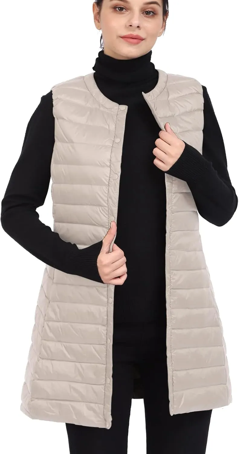 ELFJOY Long Puffer Vest Lightweight Womens Vests Outerwear Button Round Neck Sleeveless Long Down Vest No Collar