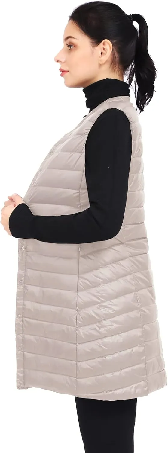ELFJOY Long Puffer Vest Lightweight Womens Vests Outerwear Button Round Neck Sleeveless Long Down Vest No Collar