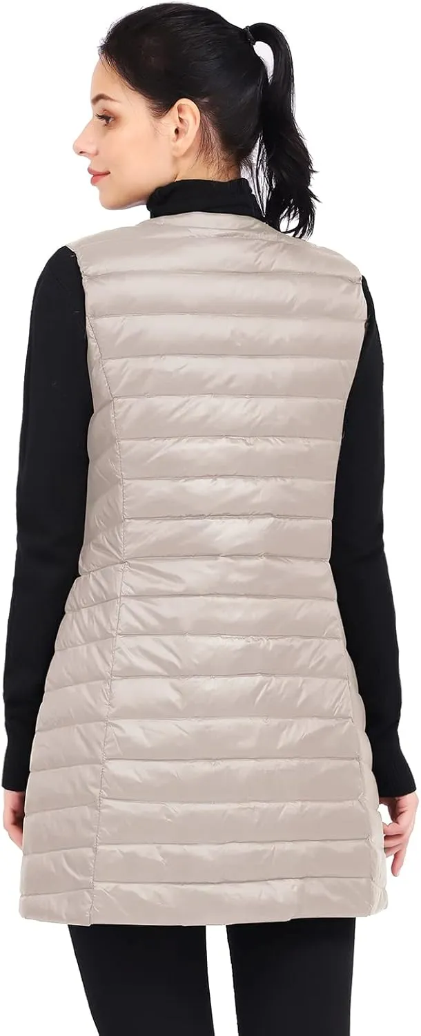 ELFJOY Long Puffer Vest Lightweight Womens Vests Outerwear Button Round Neck Sleeveless Long Down Vest No Collar
