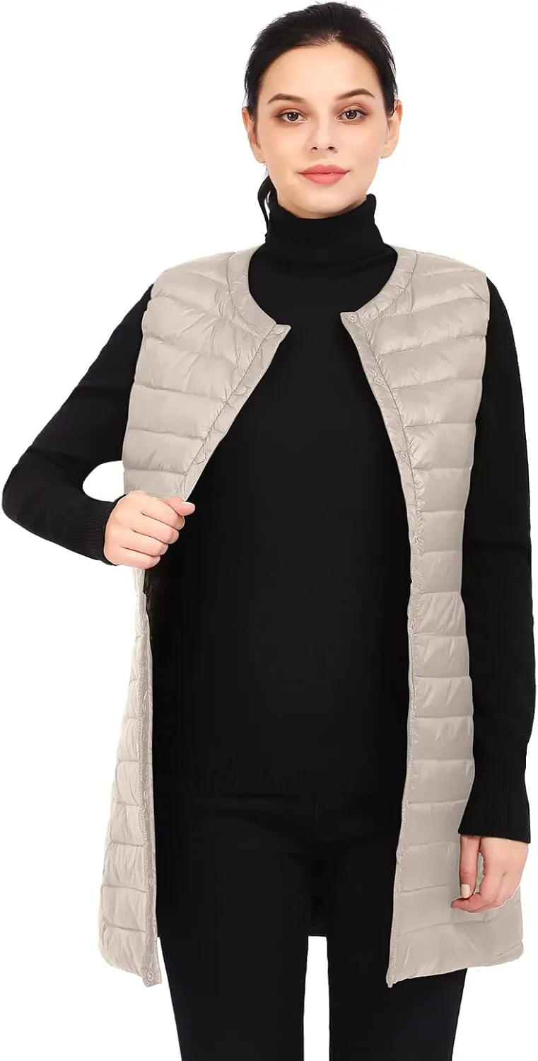 ELFJOY Long Puffer Vest Lightweight Womens Vests Outerwear Button Round Neck Sleeveless Long Down Vest No Collar