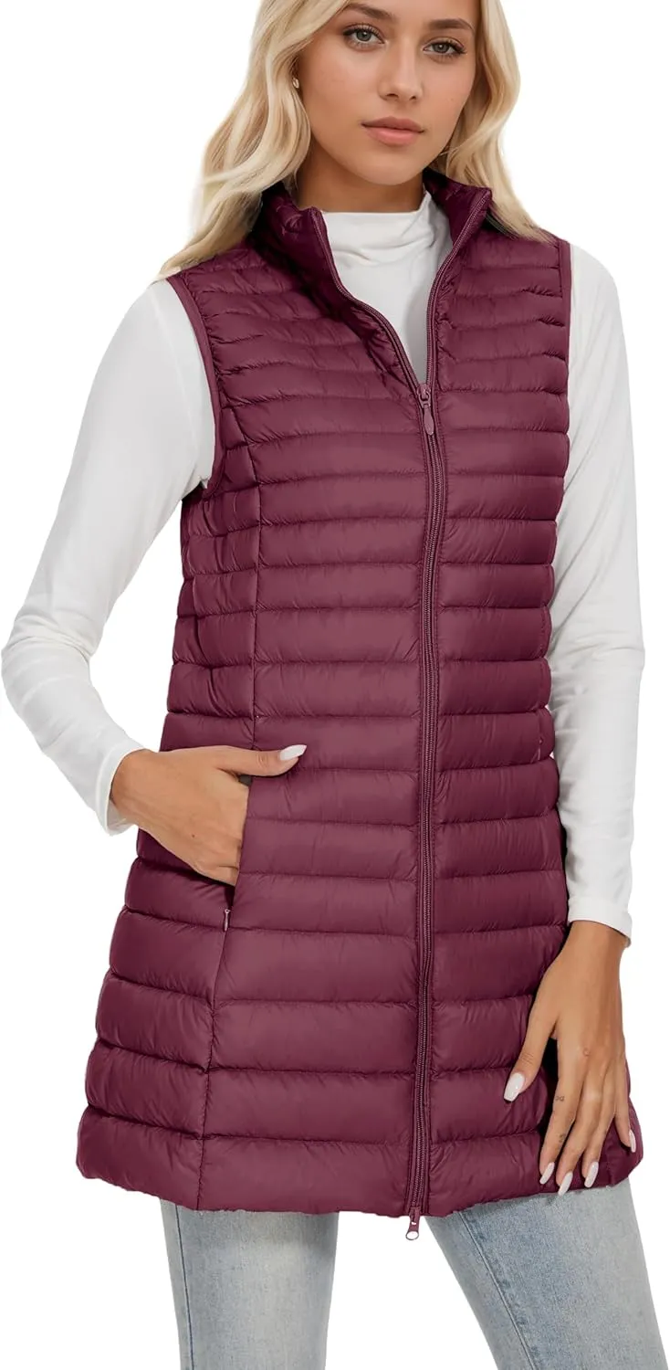 ELFJOY Long Puffer Vest Women Winter Ultra Light Long Down Vest with Stand Collar Black Womens Vests Outerwear