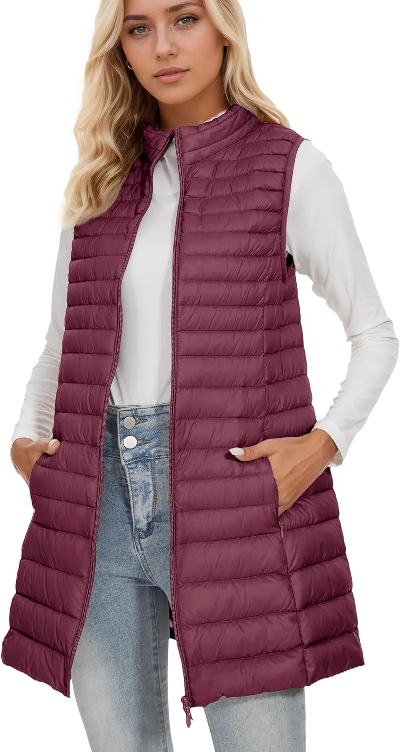 ELFJOY Long Puffer Vest Women Winter Ultra Light Long Down Vest with Stand Collar Black Womens Vests Outerwear