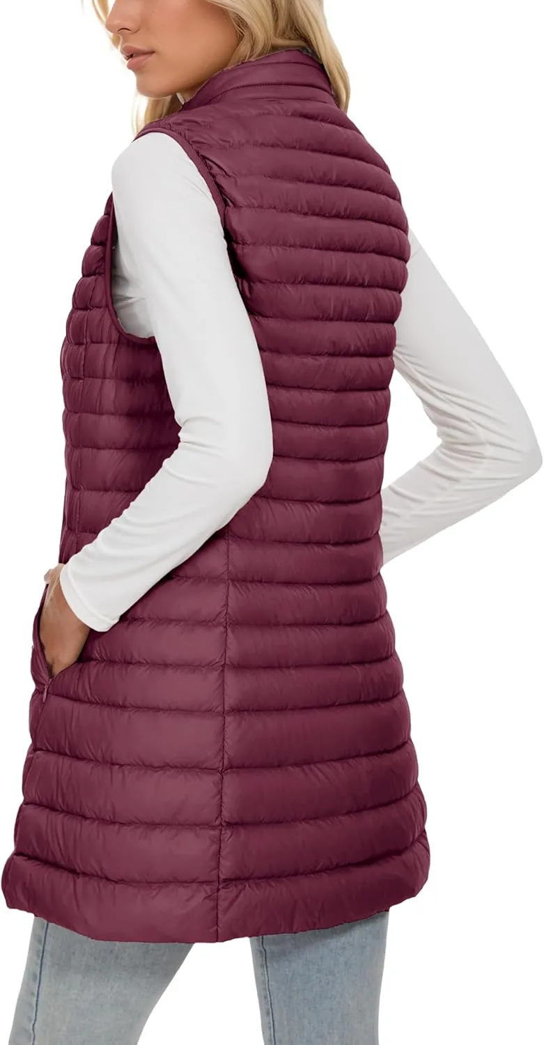ELFJOY Long Puffer Vest Women Winter Ultra Light Long Down Vest with Stand Collar Black Womens Vests Outerwear