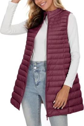 ELFJOY Long Puffer Vest Women Winter Ultra Light Long Down Vest with Stand Collar Black Womens Vests Outerwear