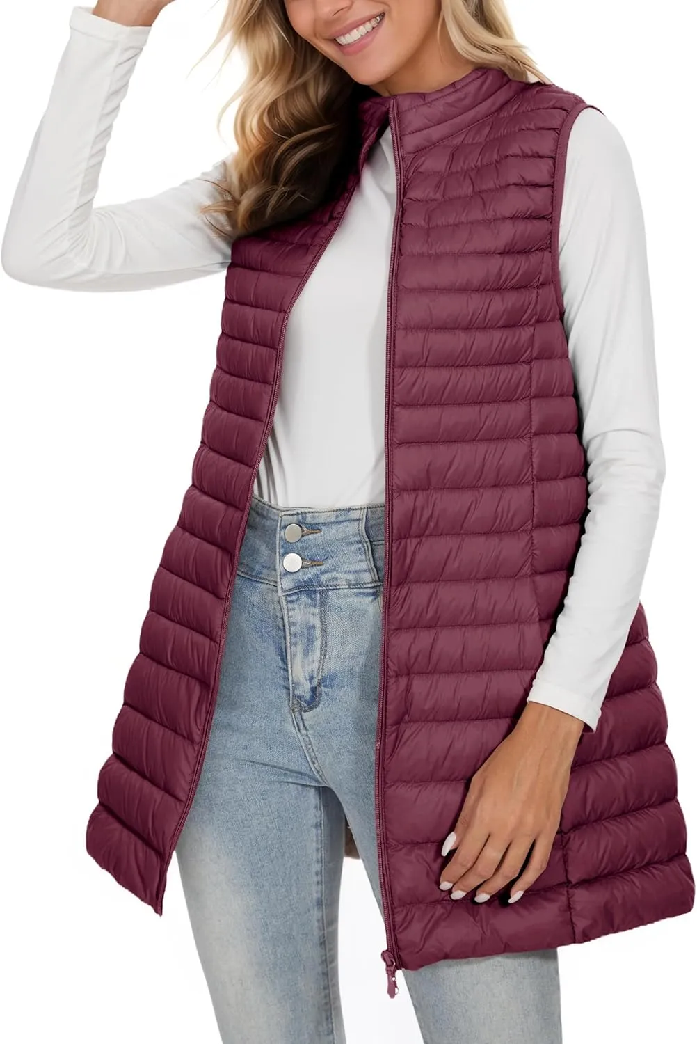 ELFJOY Long Puffer Vest Women Winter Ultra Light Long Down Vest with Stand Collar Black Womens Vests Outerwear