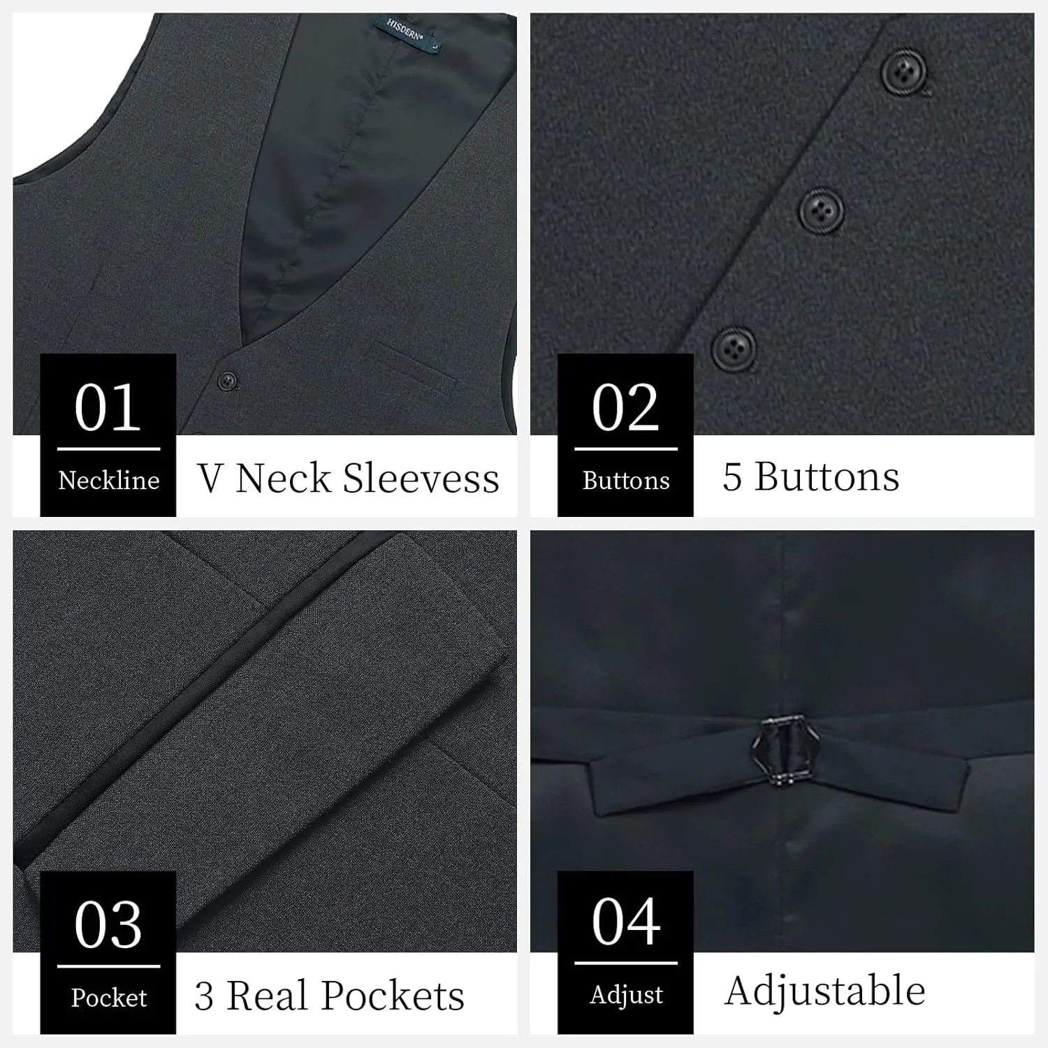 HISDERN Men's Suit Vest Business Suit Vests for Men Formal Slim Fit Solid Wedding Dress Waistcoat for V-Neck Tuxedo Vest
