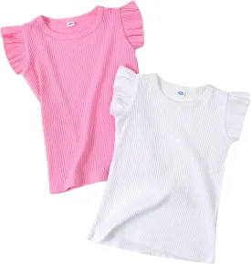 LYSMuch Toddler Girls 2-Pack Ruffle Short Sleeve Ribbed Shirt Blouse Solid Tee