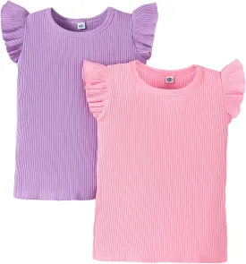 LYSMuch Toddler Girls 2-Pack Ruffle Short Sleeve Ribbed Shirt Blouse Solid Tee