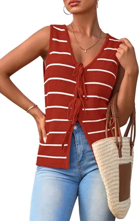 NALANISA Women's 2025 Summer Trendy Tank Tops Crochet Knit V Neck Sleeveless Tie Front Striped Sweater Vests Beach Outfits
