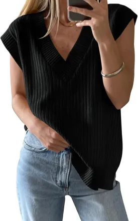 Saodimallsu Womens V Neck Sweater Vest Oversized Ribbed Knit Sleeveless Casual Loose Fit Pullover Tank Top